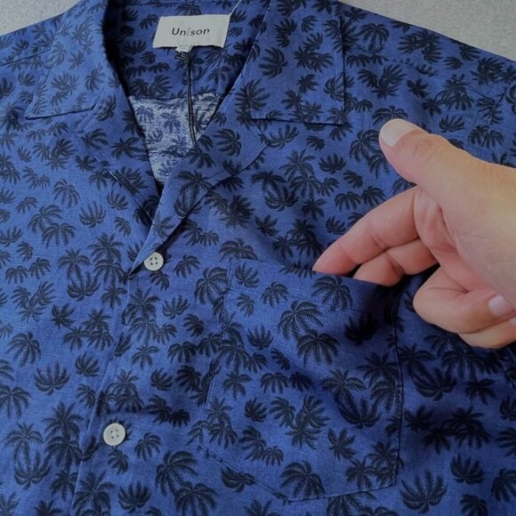 CREATE UNISON Printed Short Sleeve Camp Shirt Size L In Indigo Multi Linen Blend - Picture 6 of 11